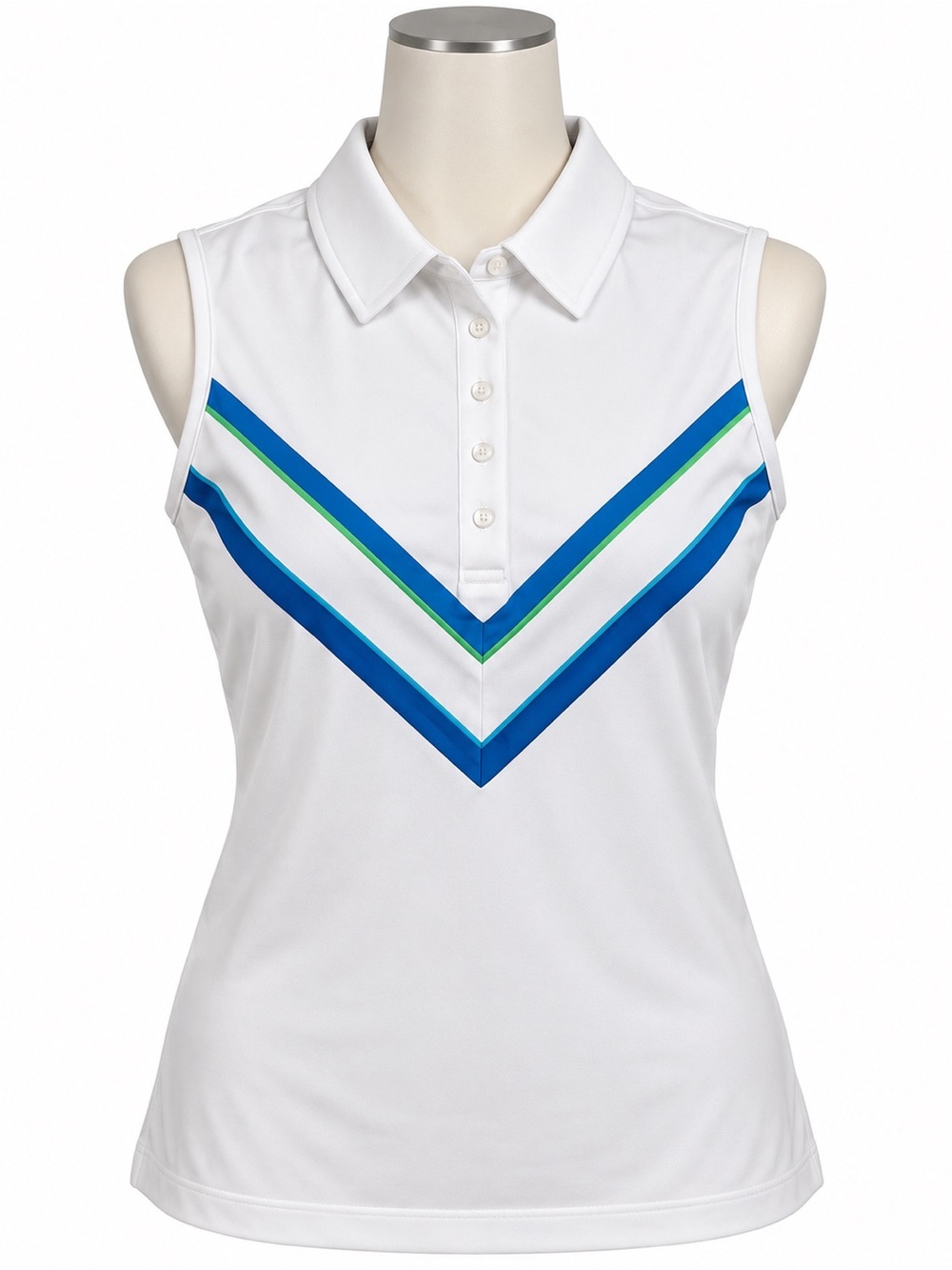 G/FORE White Sleeveless Polo with Blue and Green Chevron Stripes